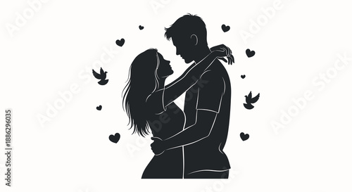 A silhouette of a couple embracing tenderly under a heart shaped background filled with floating hearts and birds