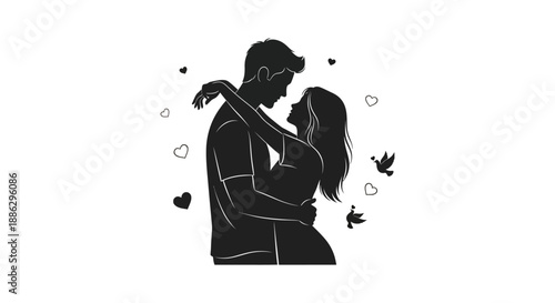 A tender silhouette of a couple embracing within a heart shape adorned with delicate floating hearts and birds