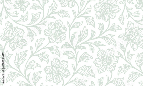 A classic cobalt blue floral outline pattern on a crisp white background inspired by vintage porcelain and toile de jouy style.