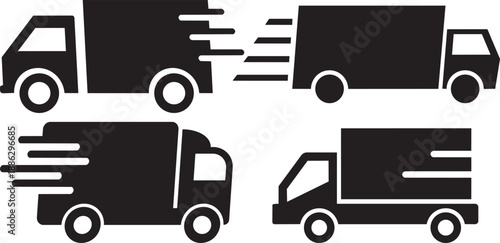 Fast delivery truck icons set showing express shipping, logistics transport, and courier service motion silhouettes isolated on white background