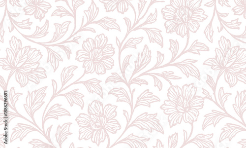 Fotografía A classic cobalt blue floral outline pattern on a crisp white background inspired by vintage porcelain and toile de jouy style