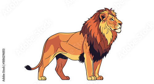 An illustrated lion with a vibrant mane standing proudly against a clean white background, showcasing its detailed orange and brown fur.