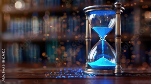 Wallpaper Mural Elegant hourglass with blue sand, glowing particles, vintage design, and blurred bookshelves background highlighting time concept Torontodigital.ca