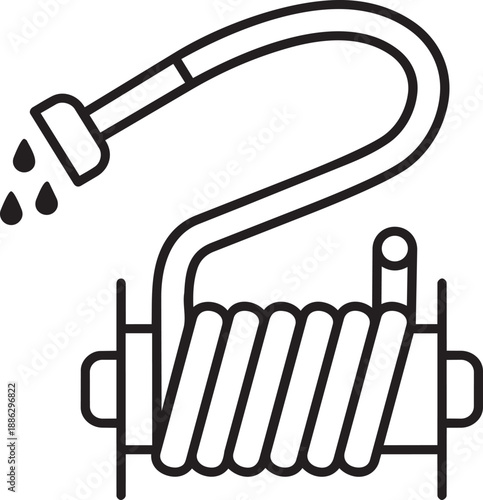 Garden hose with water drops connected to coiled hose reel, irrigation and water supply equipment line illustration isolated on white background