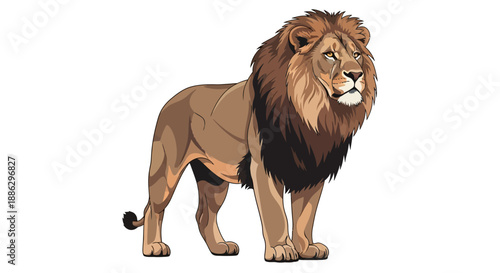 A majestic lion with a shaggy mane stands proudly against a clean white background, showcasing its powerful physique in a vibrant illustration.