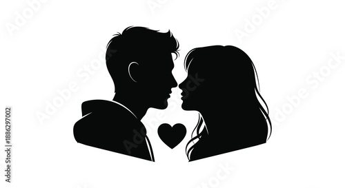 A striking silhouette depicts a couple embracing their faces close and a heart symbol positioned between them