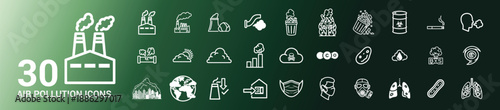 Air pollution icons set with thirty white symbols on green gradient background for ecology and environmental concepts