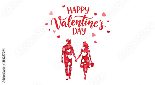 A charming valentine s day illustration depicts a couple holding hands amidst scattered hearts and festive lettering high quality