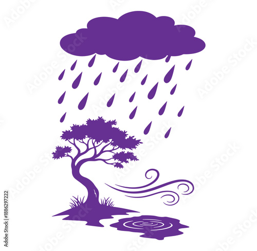 Purple silhouette of a tree in rain with puddle and cloud  weather icon