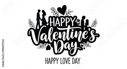 A charming valentine s day illustration depicts a couple silhouetted against floral elements and festive lettering high quality professional