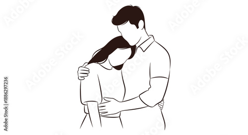 A simple line drawing depicts a tender moment between a man and a woman embracing closely showing affection