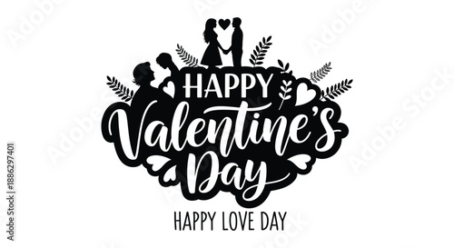 A charming valentine s day graphic features a couple silhouette hearts and foliage with celebratory text and design elements