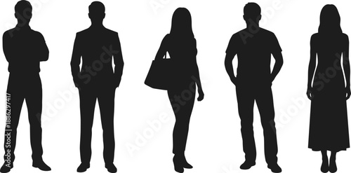 Group of Five Black Silhouettes of Men and Women Standing Together in a Row Isolated on White Background Vector Illustration for Business or Casual Design