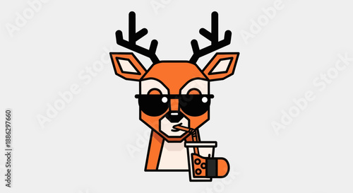 Cartoon deer drinking beverage with sunglasses