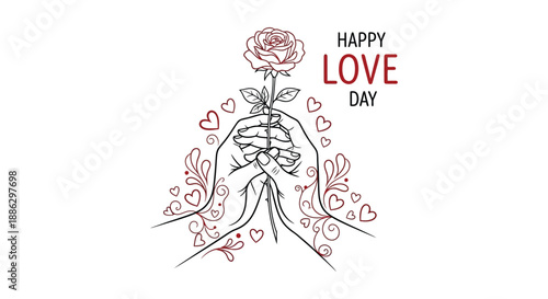A delicate sketch depicts two hands gently holding a single red rose surrounded by hearts and the words happy love day