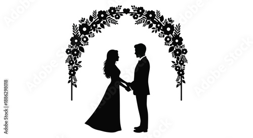 A silhouetted couple stands beneath a floral archway holding hands representing love commitment and the beginning of a shared journey