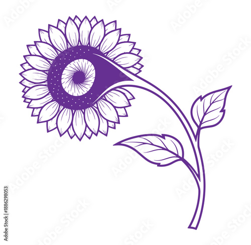 Purple sunflower illustration with white petals and leaves on white background