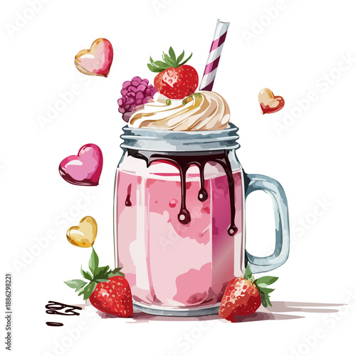 Valentine’s Strawberry Milkshake Mason Jar Illustration — Watercolor Sweet Dessert Drink Design with Hearts