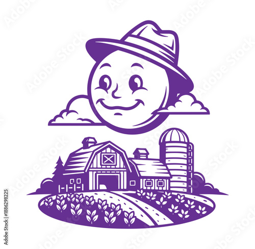 Smiling cartoon moon face wearing a hat above a farm with a barn and silo