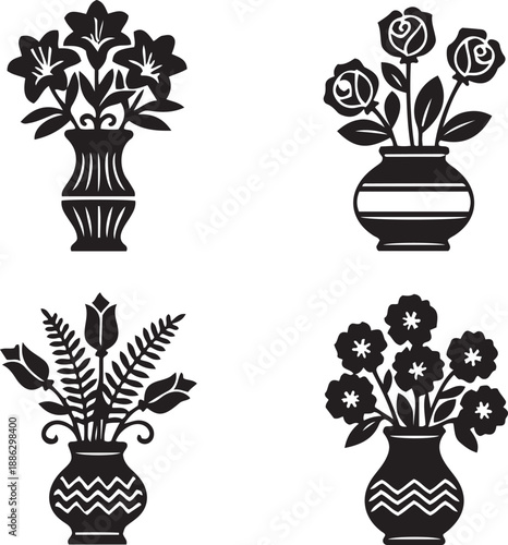 Black and white of four flower arrangements in ornate vases flowers plants