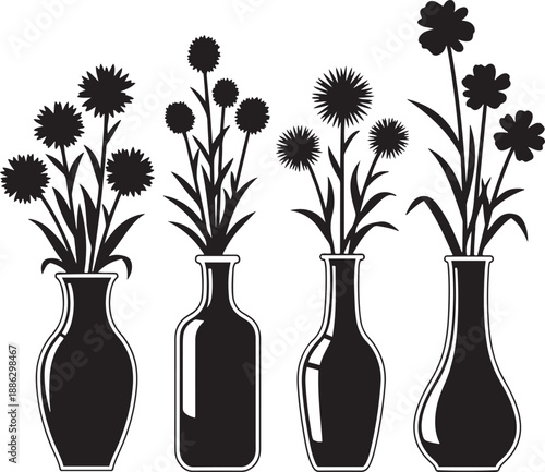 Black and white of four vases with flowers plants