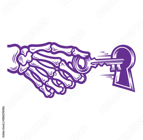 Skeleton hand holding large key in purple outline isolated on transparent background