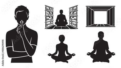 Meditating person in various poses and frames in minimalist black and white illustration for wellness and mindfulness branding