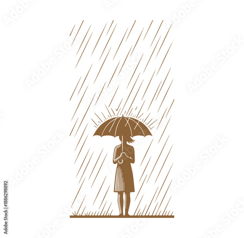 woman holding umbrella standing in rain with diagonal raindrops falling around her