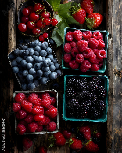 Fresh blueberries raspberries and blackberries in wooden baskets