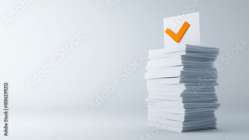 Wallpaper Mural Stack of paper document with orange check mark symbol, office paperwork, approval concept Torontodigital.ca