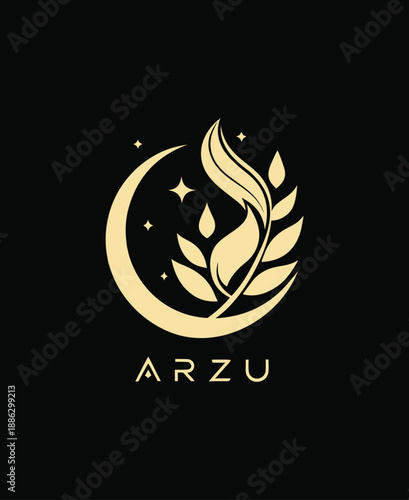 Elegant Golden Celestial Arzu Logo Featuring Crescent Moon Leaves and Shimmering Stars.