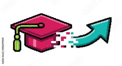 Concept of digital education, academic achievement, and career advancement, featuring a graduation cap evolving into a pixelated upward arrow icon.
