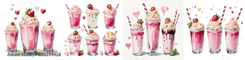 Valentine’s Strawberry Milkshake Variety Set — Watercolor Dessert Drink Illustration Collection with Hearts