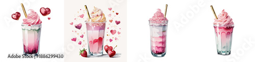 Valentine’s Strawberry Milkshake Glass Illustration Set — Watercolor Sweet Dessert Drink Design with Hearts