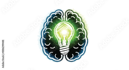 Creative brain illustration with a glowing light bulb inside, symbolizing innovative ideas, intelligence, problem-solving, and mental clarity.