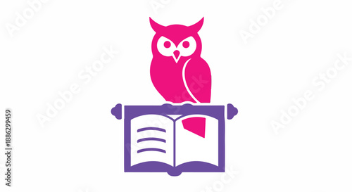 Bright pink owl illustration resting on an open purple book, a modern graphic icon conveying concepts of wisdom, knowledge, and education.