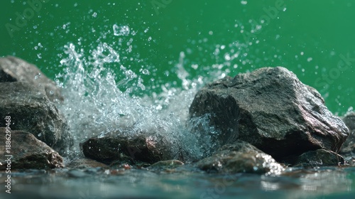 Wallpaper Mural Water splashes on rocks near a green surface in bright sunlight during a clear day in nature Torontodigital.ca