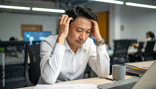 オフィスで頭を抱えている男性