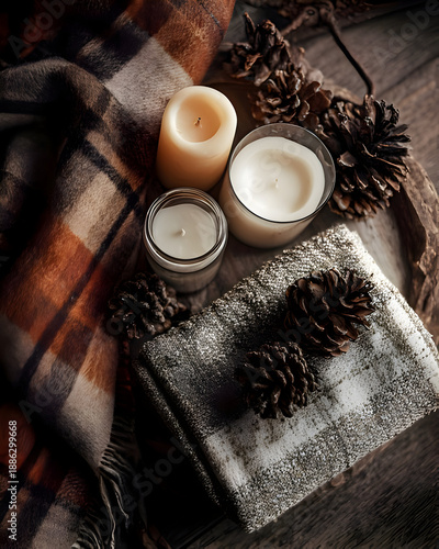 Cozy candles with pine cones and warm winter atmosphere