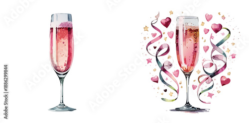 Valentine’s Pink Champagne Flute Illustration — Watercolor Sparkling Drink Design with Hearts