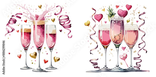 Valentine’s Pink Champagne Glasses Illustration Set — Watercolor Sparkling Drink Design with Hearts