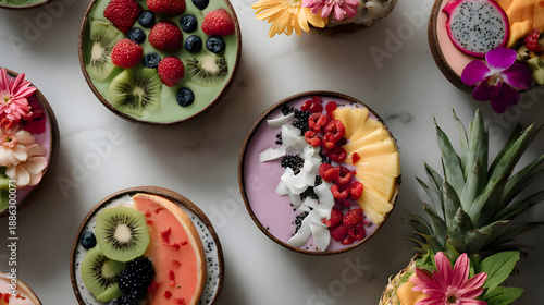 Healthy berry smoothie bowl with fresh fruit topping and yogurt