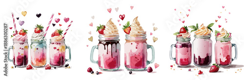 Valentine’s Strawberry Milkshake Mason Jar Set — Watercolor Sweet Drink Illustration with Hearts