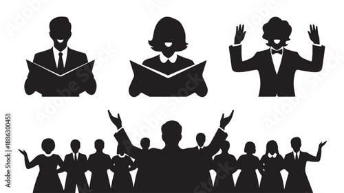 Silhouette of people singing in choir with raised hands in dramatic pose with high contrast lighting for music event