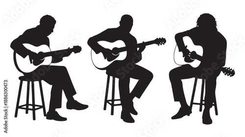 Silhouette of man playing acoustic guitar in relaxed casual pose with soft studio lighting for music industry