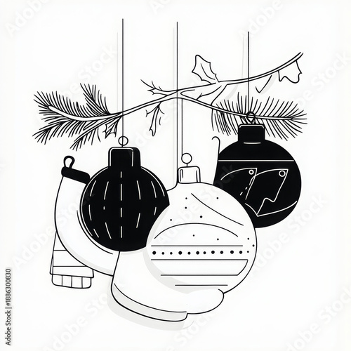 Wallpaper Mural Christmas ornament pine branch black and white festive holiday minimal style hanging joyful Torontodigital.ca