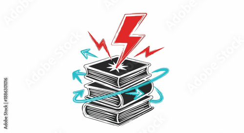Stack of books with a lightning bolt striking the top one, symbolizing knowledge and inspiration
