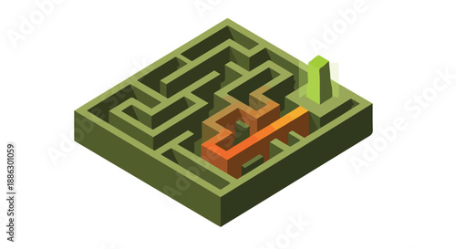 Isometric maze with a clear path highlighted in orange and green, representing a solution or strategy