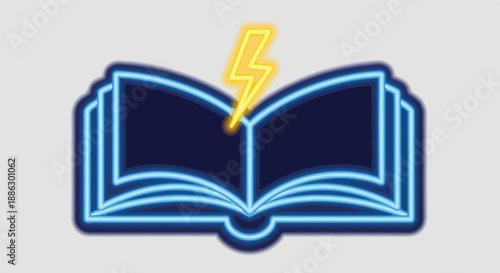 Neon blue open book with a glowing yellow lightning bolt icon, symbolizing powerful knowledge, quick learning, and digital education concepts.