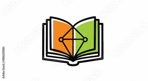 Open book icon with orange and green pages featuring a central geometric network graph, symbolizing connected knowledge and digital learning.